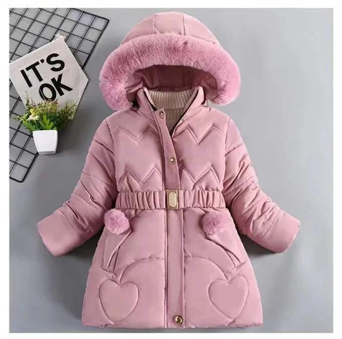 4 5 6 8 10 Years Winter Girls Coat Keep Warm Thicken Kids Jacket Hooded Zipper Fur Collar Princess Outerwear Children's Clothing