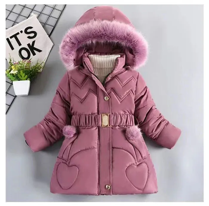 4 5 6 8 10 Years Winter Girls Coat Keep Warm Thicken Kids Jacket Hooded Zipper Fur Collar Princess Outerwear Children's Clothing