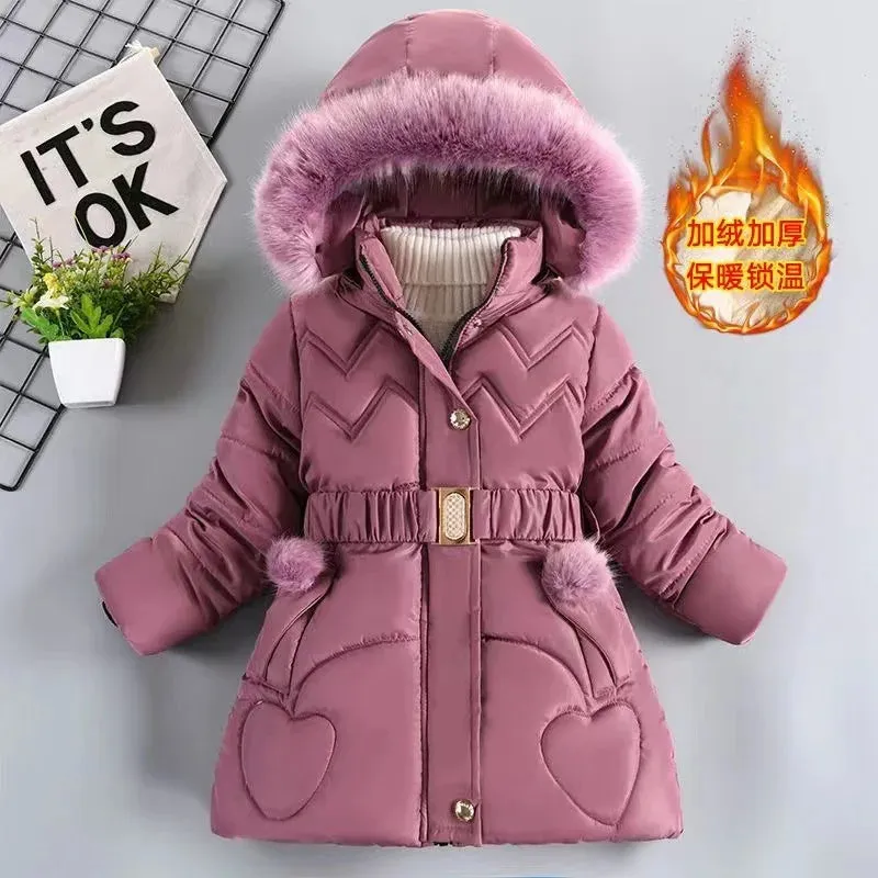 4 5 6 8 10 Years Winter Girls Coat Keep Warm Thicken Kids Jacket Hooded Zipper Fur Collar Princess Outerwear Children's Clothing