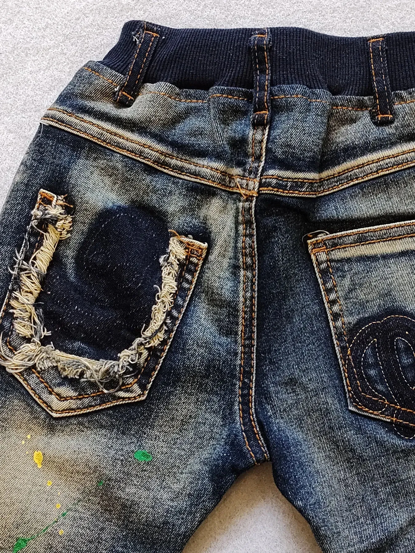 5062 Broken Bag Skull kids jeans soft denim trousers children's  pants navy blue spring autumn  boys girls unisex