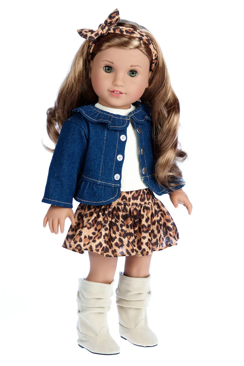 Adventure - Clothes for 18 inch Doll - 5 Piece Outfit - Jeans jacket, Ivory Tank Top, Skirt, Scarf and Boots