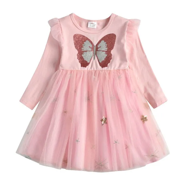 Autumn Girls Dress Butterfly Sequins Kids Long Sleeve Dresses Baby Girls Princess Dress Party Clothes Birthday Dresses