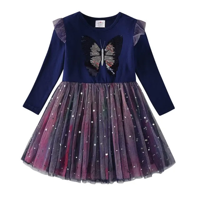 Autumn Girls Dress Butterfly Sequins Kids Long Sleeve Dresses Baby Girls Princess Dress Party Clothes Birthday Dresses