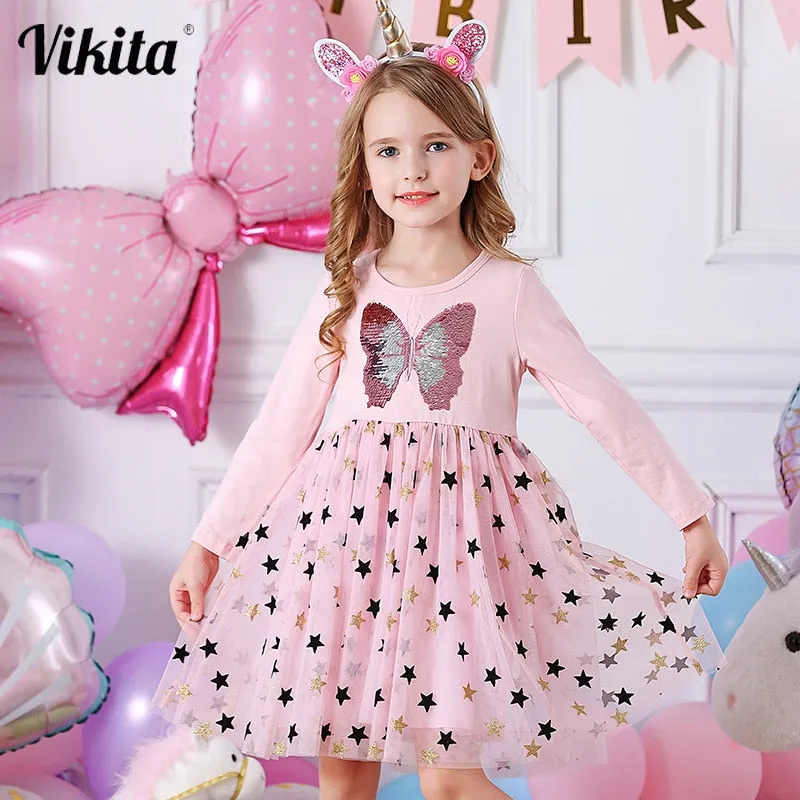 Autumn Girls Dress Butterfly Sequins Kids Long Sleeve Dresses Baby Girls Princess Dress Party Clothes Birthday Dresses