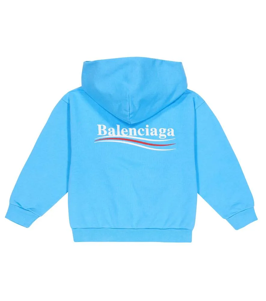 Balenciaga Kids Logo Cotton Jersey Hoodie, Blue