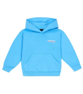 Balenciaga Kids Logo Cotton Jersey Hoodie, Blue