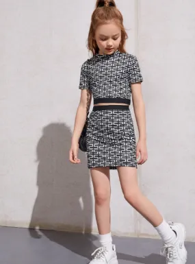 Black & White Geo Print Children's 2 Piece Top & Skirt