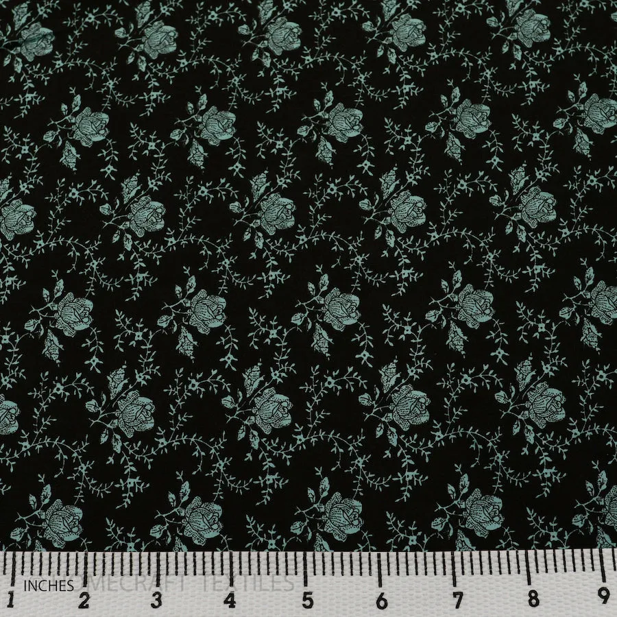 Blue Rose Vines Floral Cotton Print