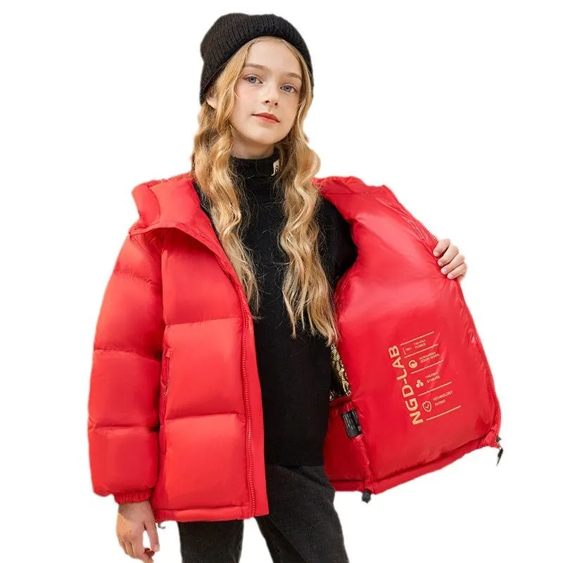 Cozy and Stylish Mid-Waist Down Jacket for Kids – Available in Black, Red, and Purple