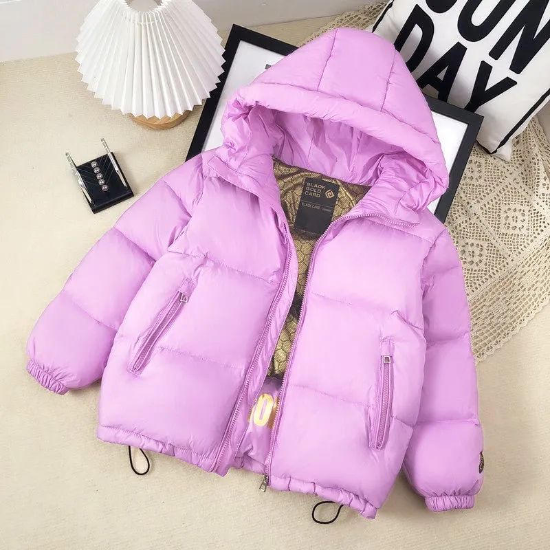 Cozy and Stylish Mid-Waist Down Jacket for Kids – Available in Black, Red, and Purple