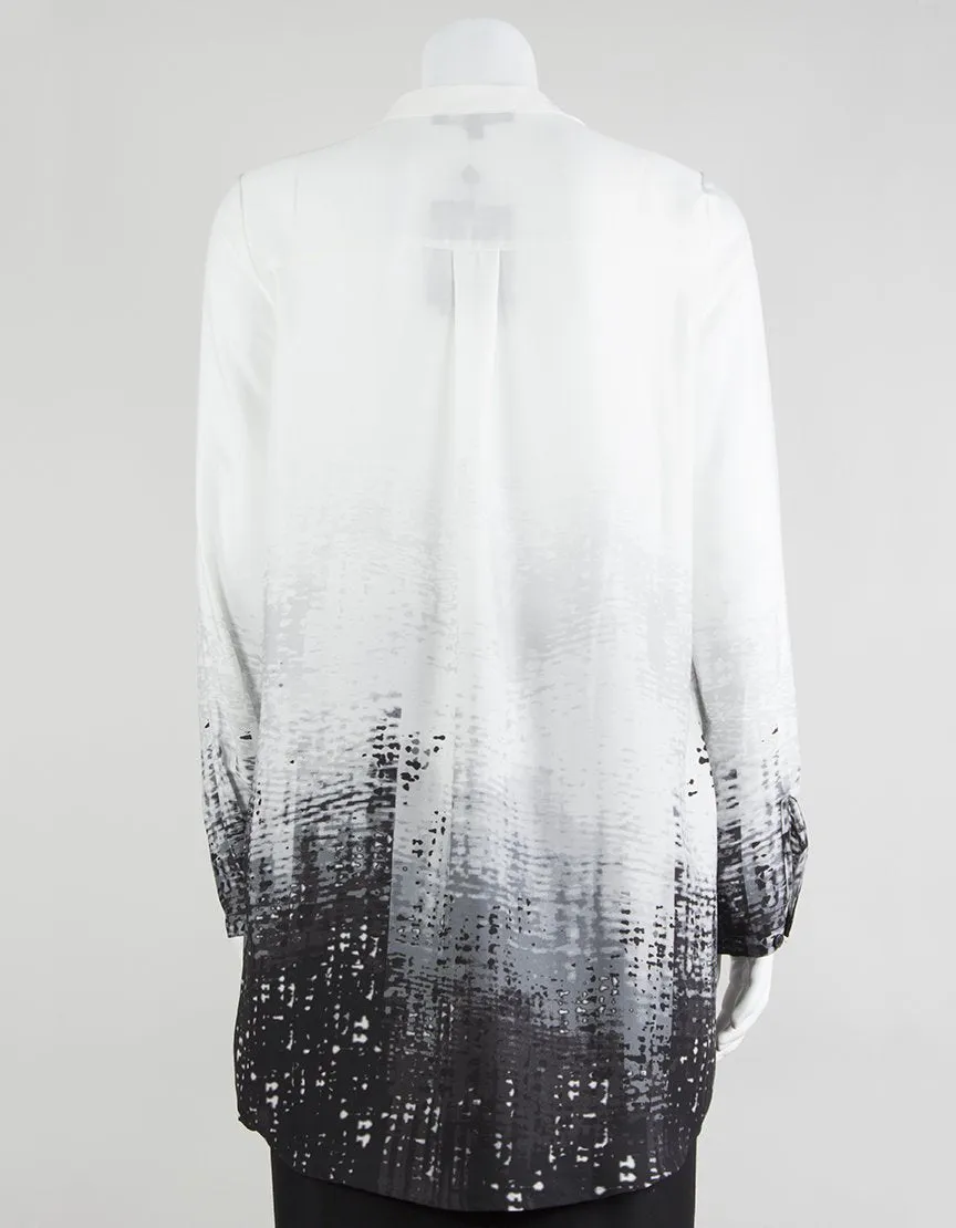 Elie Tahari White And Black Button Down Collared Abstract Print Blouse With Long Sleeves Small