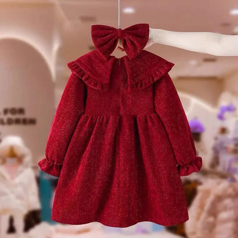 Embroidered Crimson Knee-Length Cotton Dress for Girls