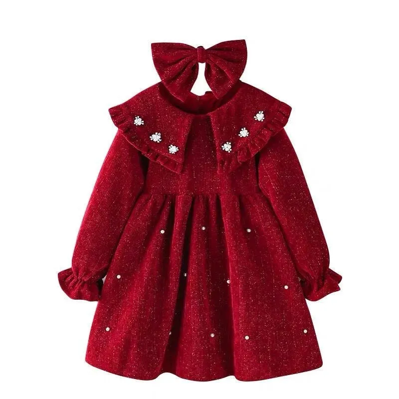 Embroidered Crimson Knee-Length Cotton Dress for Girls