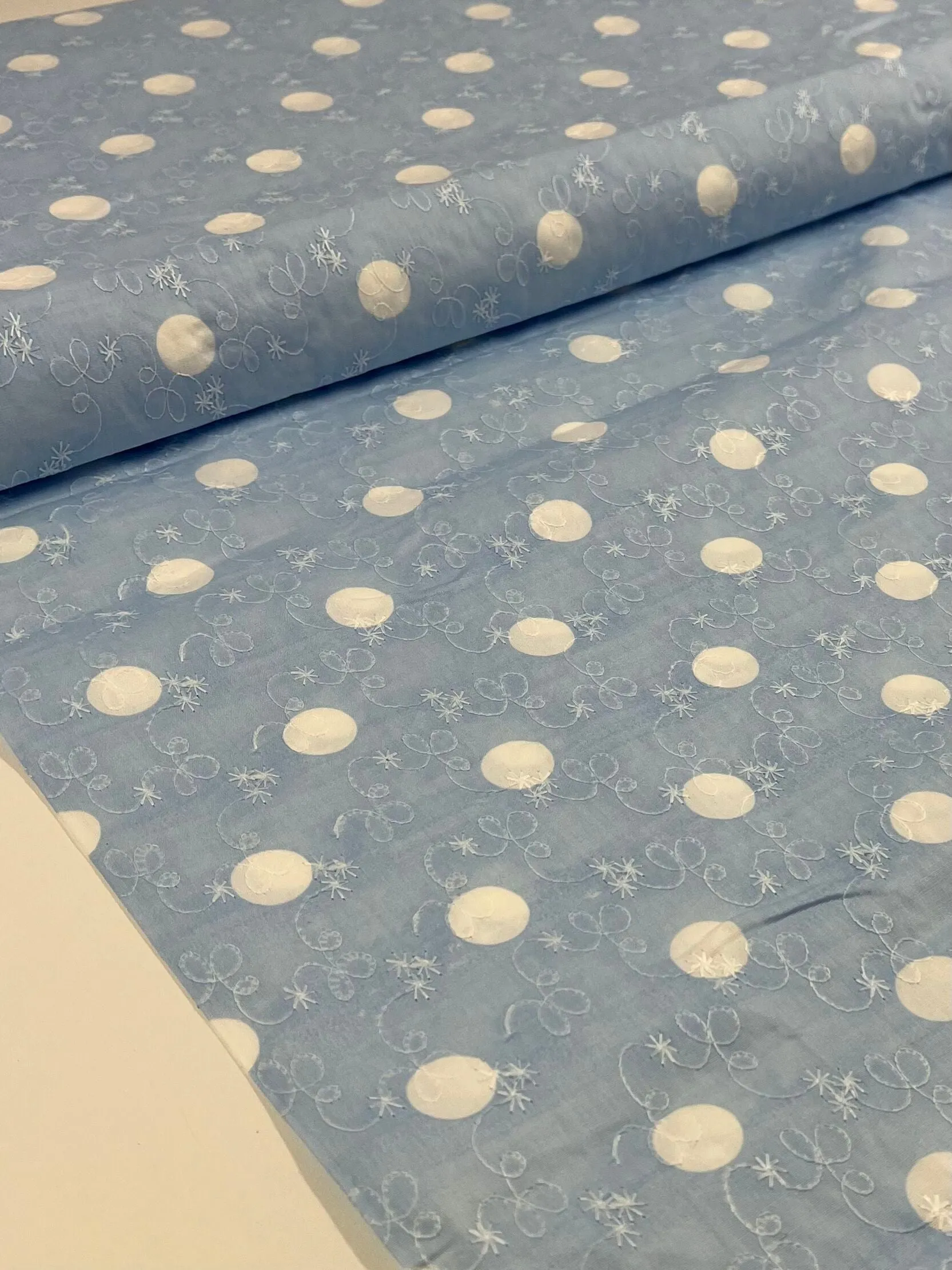 Embroidered Printed Cotton - Baby Blue - 112cm