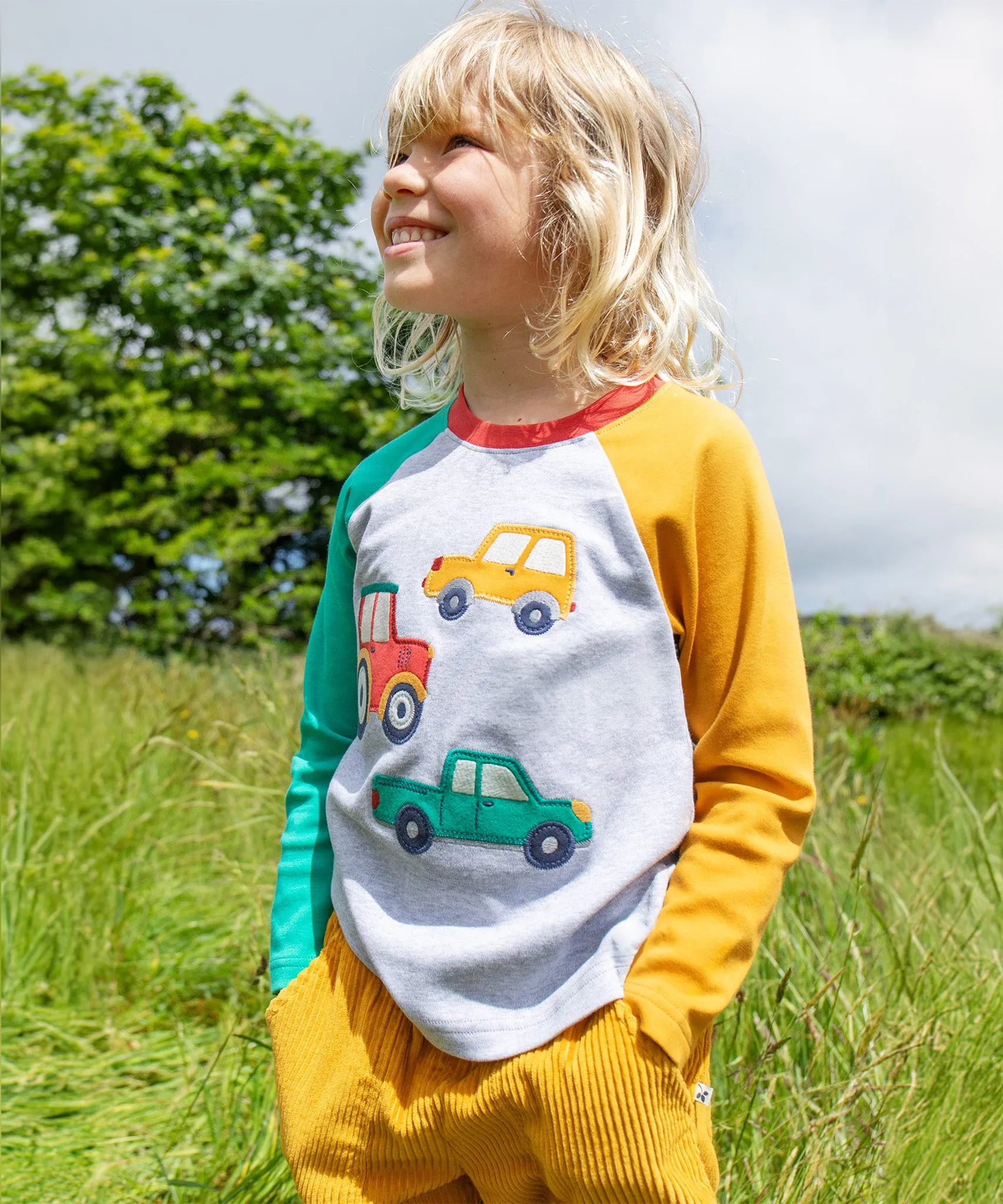 Frugi Alfie Raglan Top - Grey Marl/Vehicles