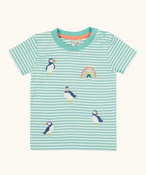 Frugi Little Embroidered T-Shirt - Moss Stripe/Puffin