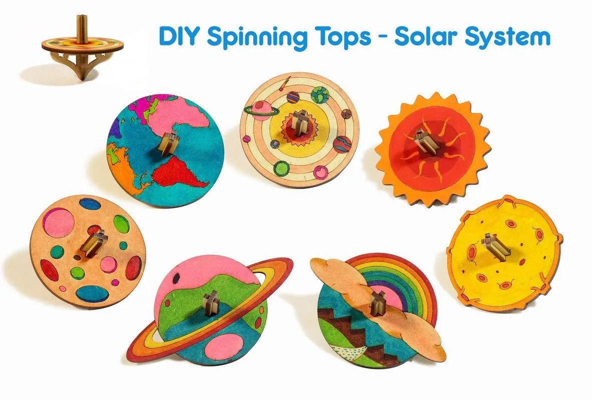 Funvention Spinning Tops (Solar System) - Set of 7 DIY Spinning Tops - Build, Color Art & Craft Educational Toy