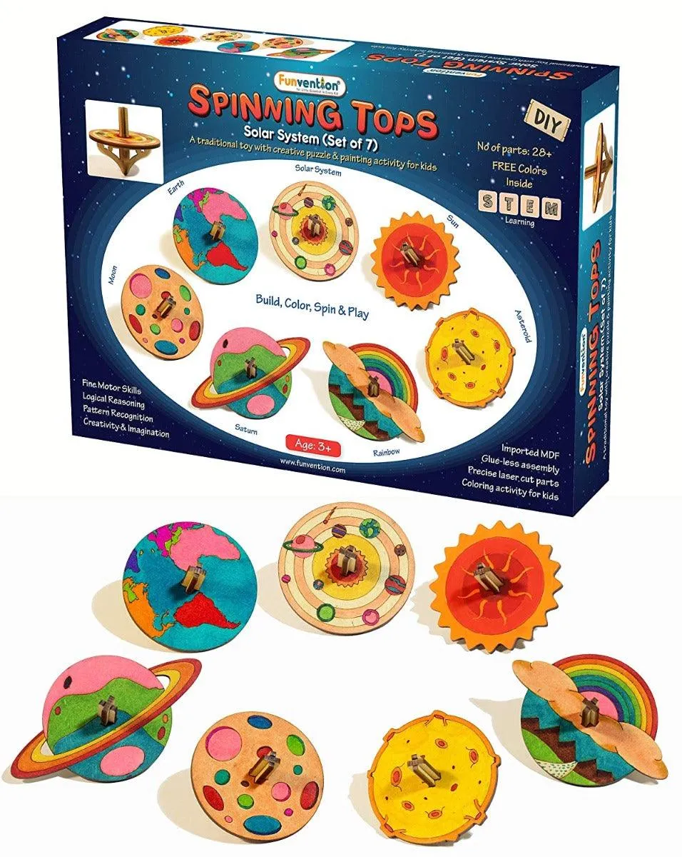 Funvention Spinning Tops (Solar System) - Set of 7 DIY Spinning Tops - Build, Color Art & Craft Educational Toy