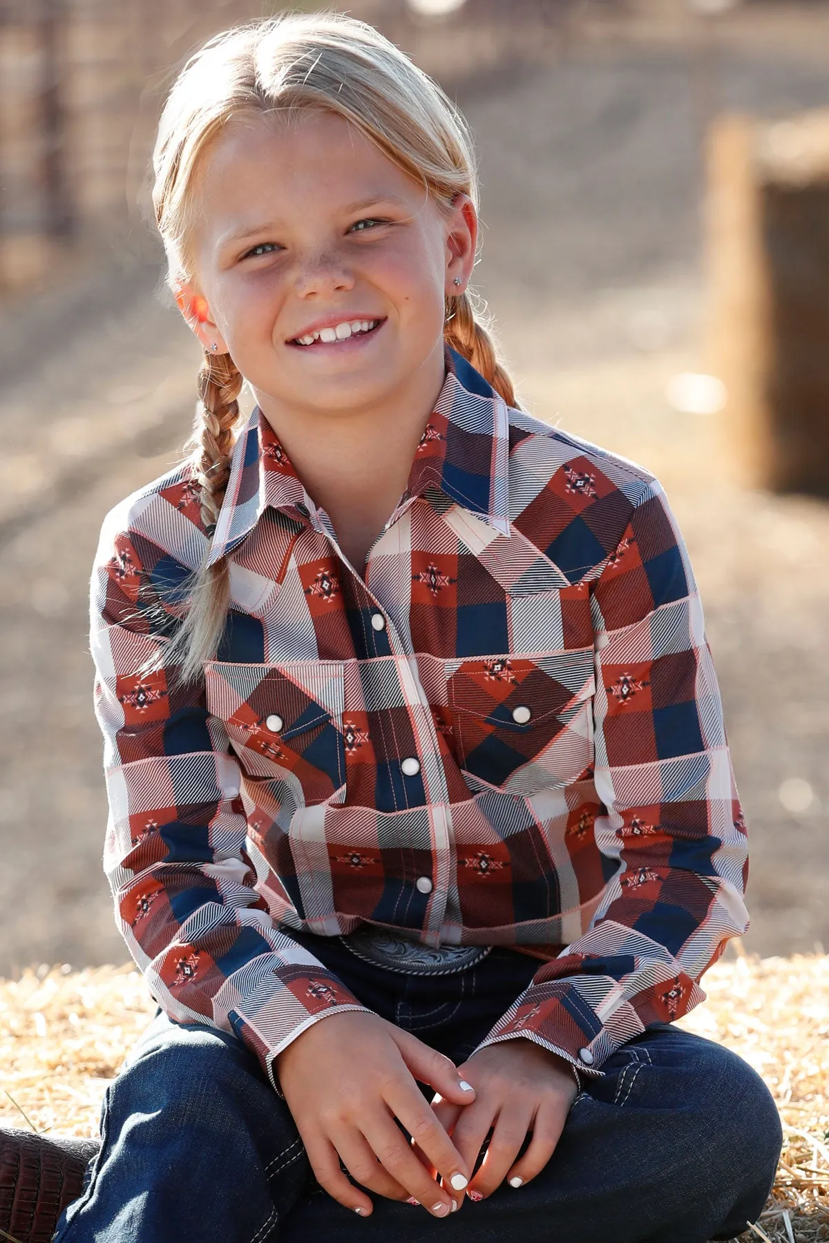 Girl's Cruel CTW3230044 Navy/Red/White Plaid Snap Long Sleeve Shirt