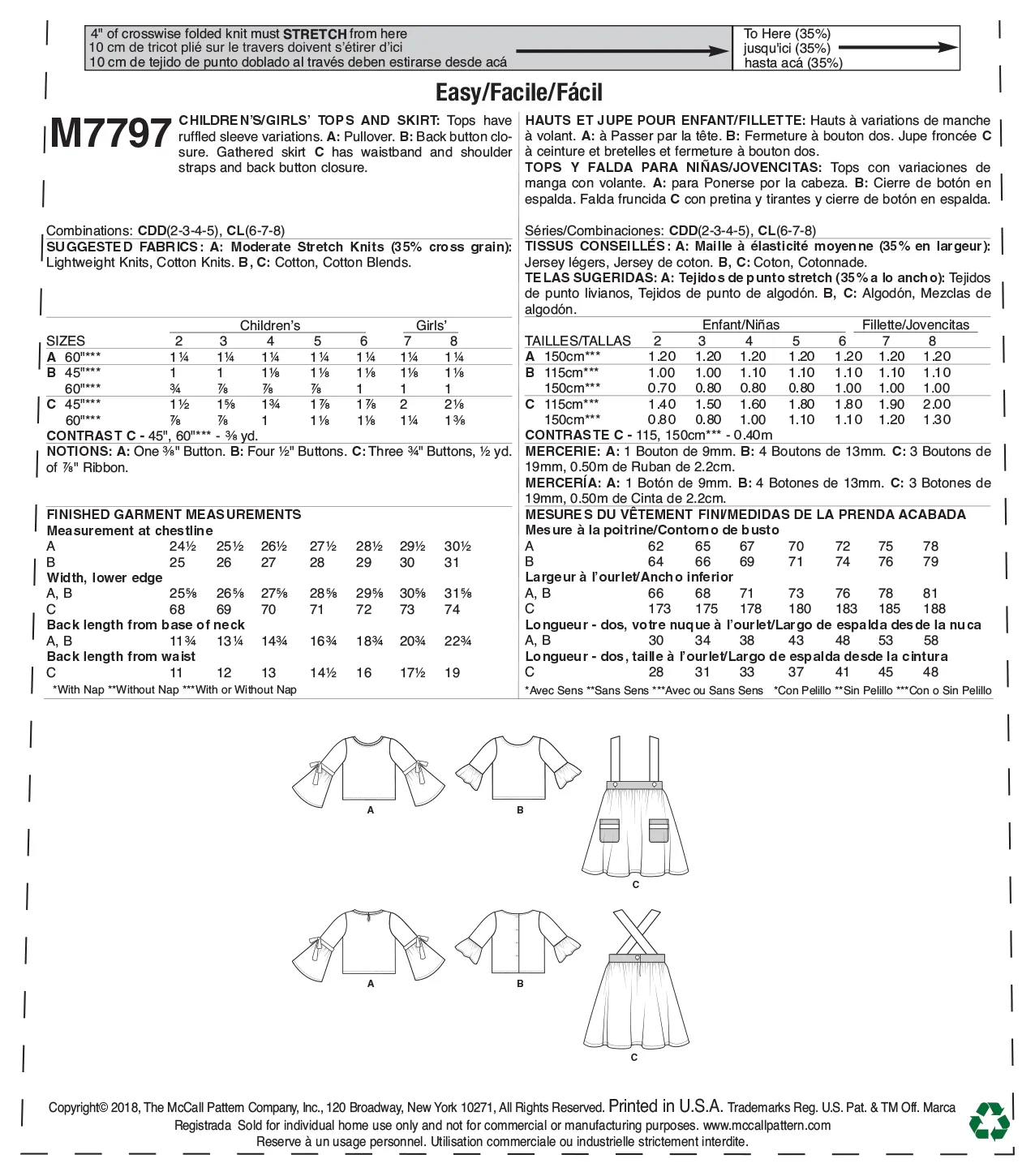 M7797 Children's/Girls' Tops and Skirt