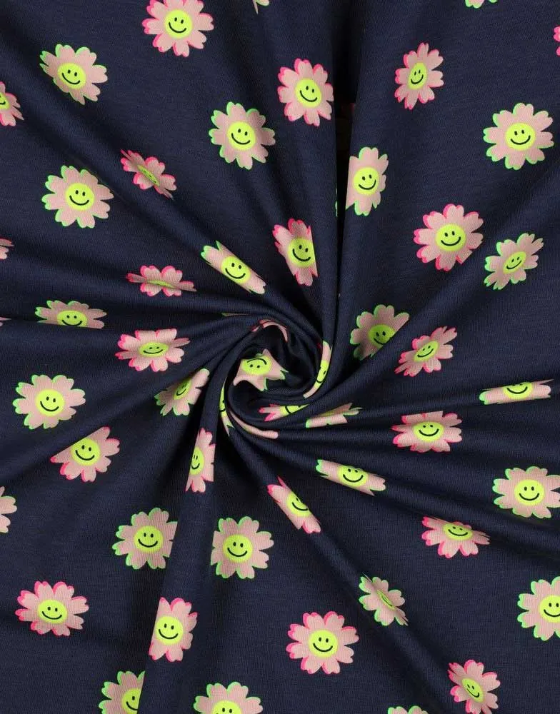 Neon Happy Flowers Navy Cotton Jersey Fabric