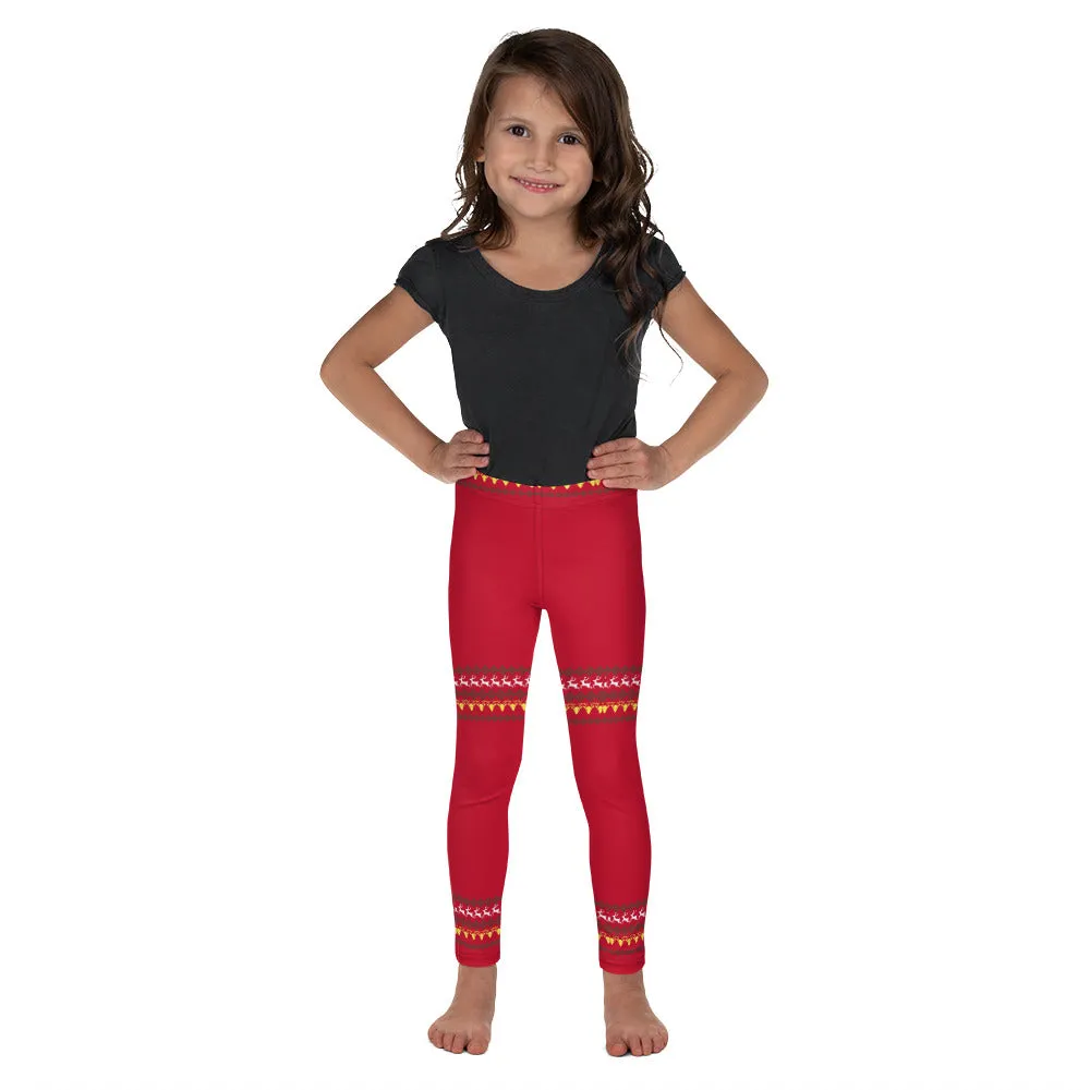 Red Christmas Reindeer Kid's Leggings, Designer Holiday Xmas Party Children's Tights-Made in USA/EU