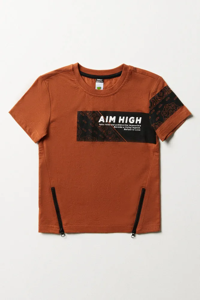 Zipper Short Sleeve T-Shirt Brown